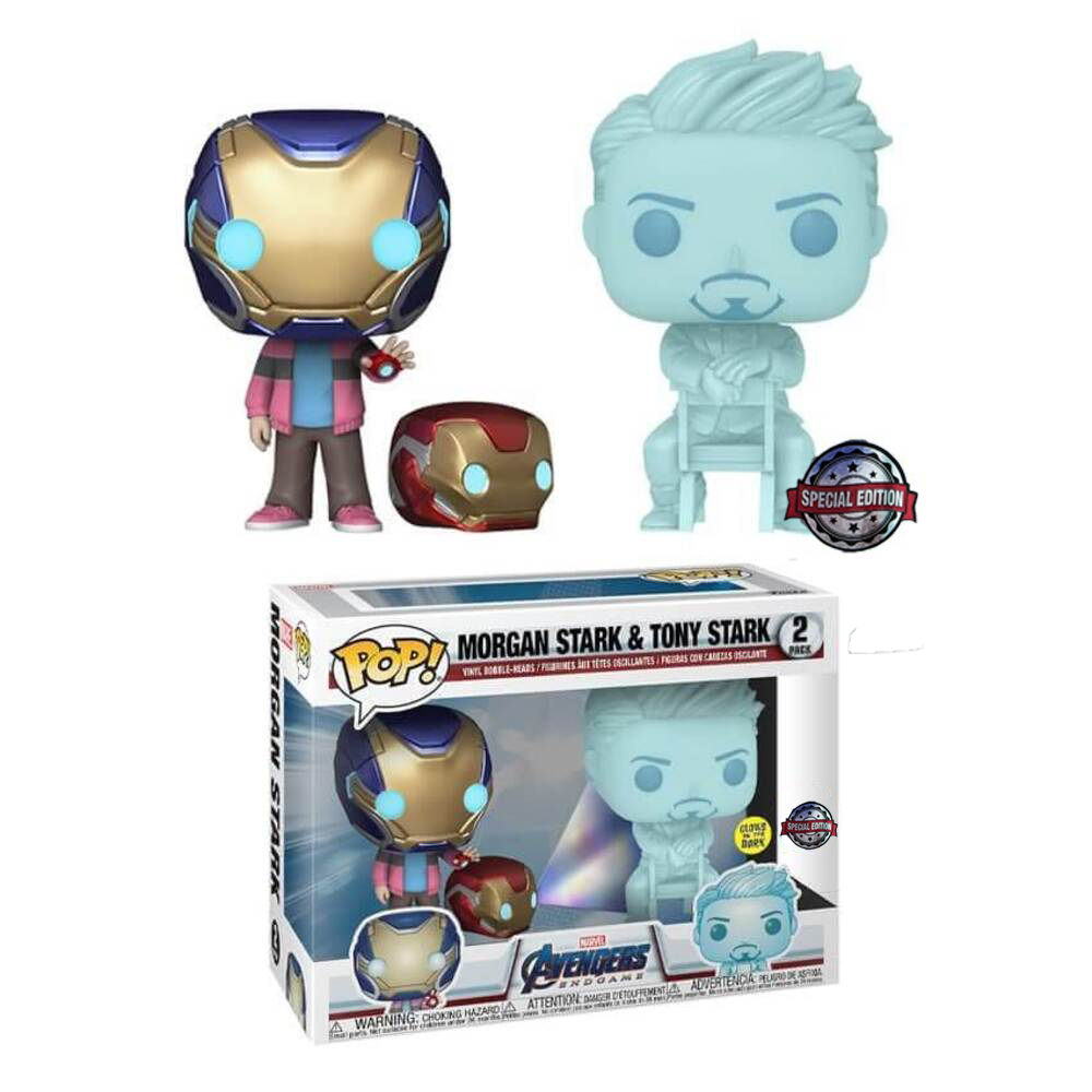 [READY STOCK] Pop! Marvel: Avengers: End Game - Hologram Tony Stark & Morgan with Helmet (Glow In The Dark) [2-Pack] [Exclusive] - Sheldonet Toy Store