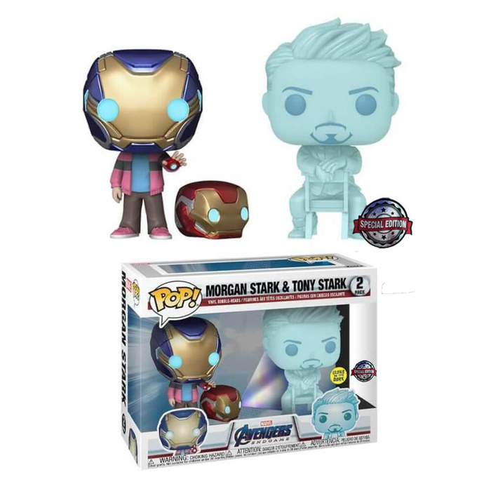 [READY STOCK] Pop! Marvel: Avengers: End Game - Hologram Tony Stark & Morgan with Helmet (Glow In The Dark) [2-Pack] [Exclusive]